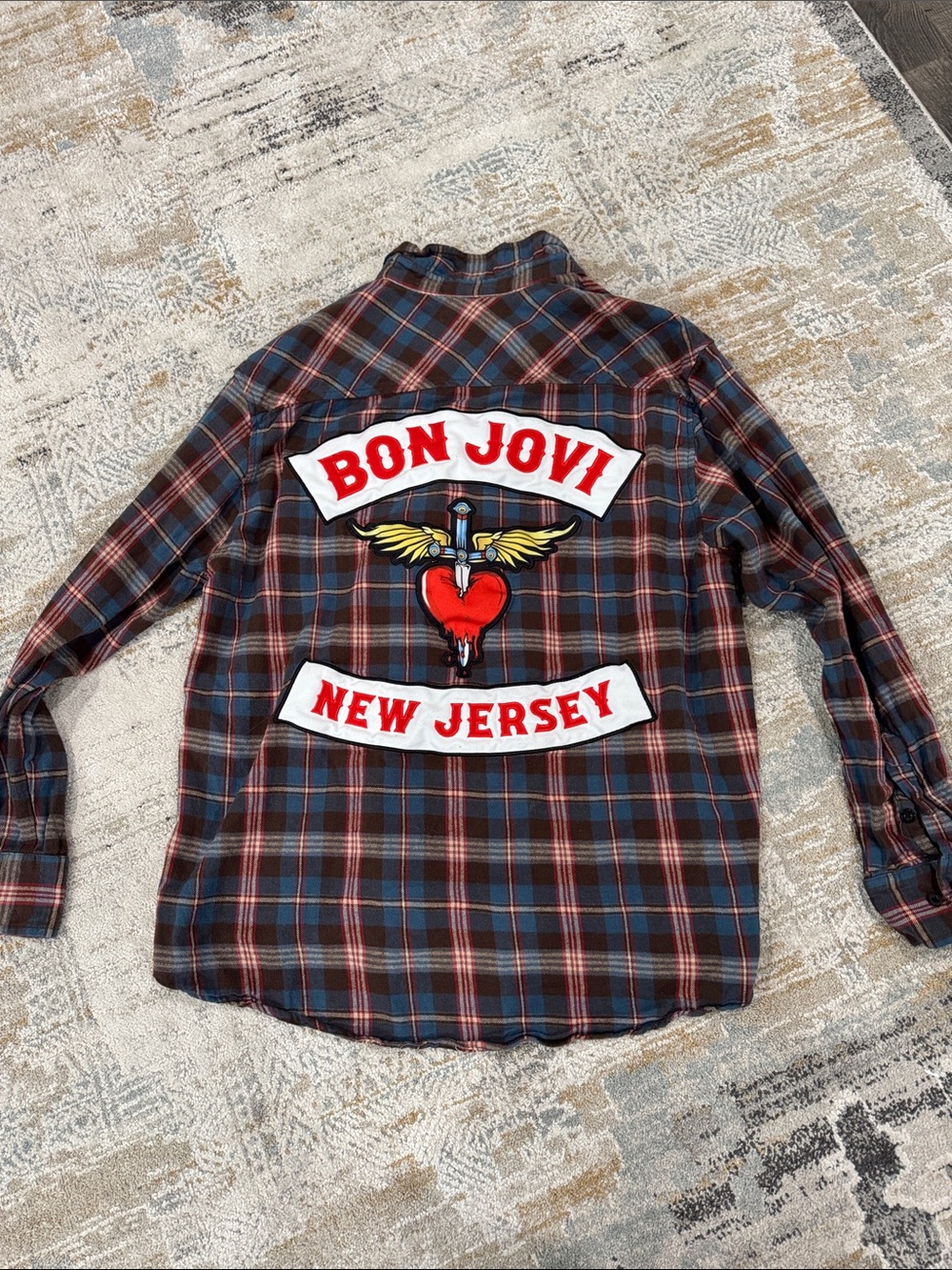 Plaid Button-Down Shirt in Red and Navy with Graphic Back Patch
